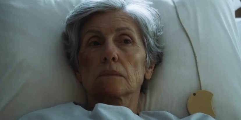 Cidália em cena da novela Travessia deitada em cama usando roupas brancas Cidália em cena da novela Travessia deitada em cama usando roupas brancas