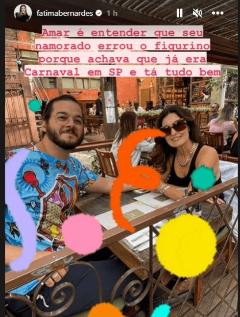 Fátima Bernardes brincou com 'erro' no figurino de seu namorado, Túlio Gadelha (Foto: Instagram) Fátima Bernardes brincou com 'erro' no figurino de seu namorado, Túlio Gadelha (Foto: Instagram)