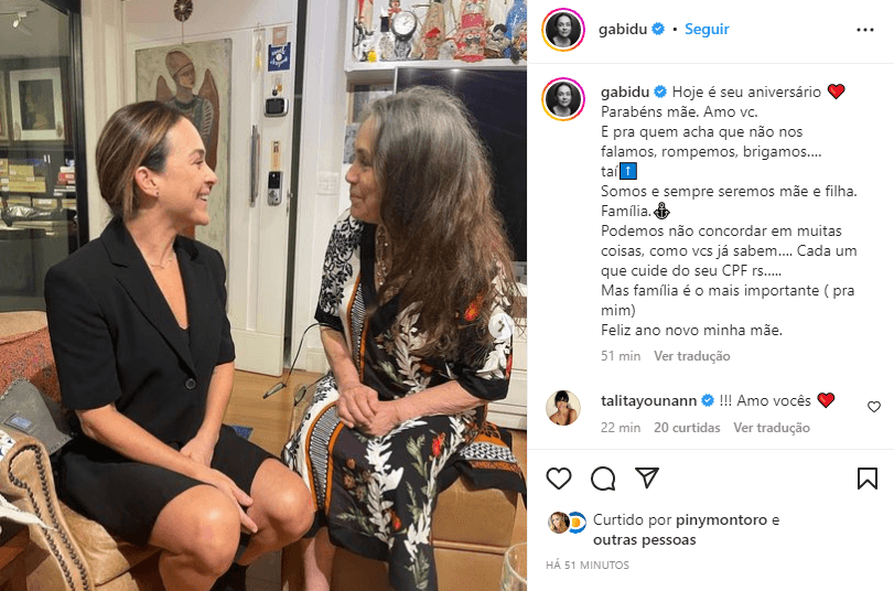 Gabriela Duarte ficou frente a frente com Regina Duarte e falou sobre rompimento (Foto: Instagram)