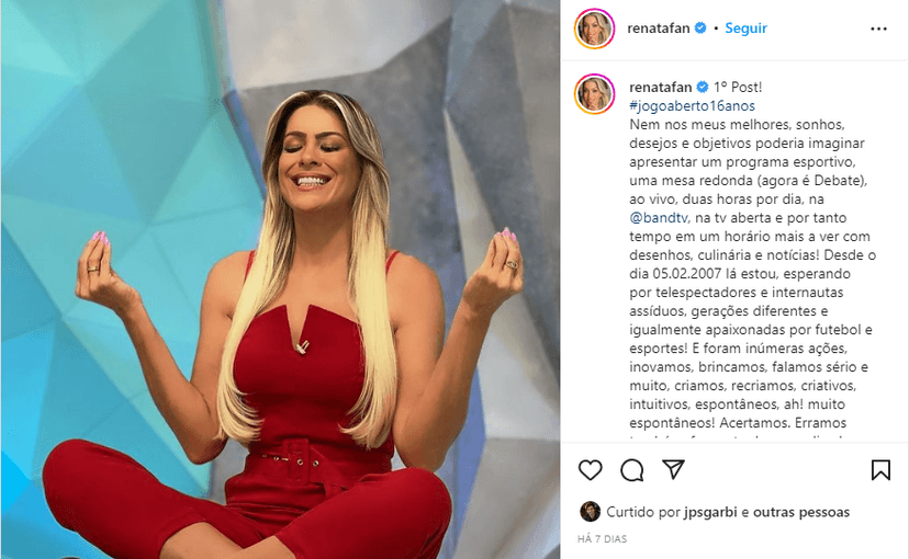 Renata Fan escreveu texto impactante sobre os 16 anos de 'Jogo Aberto' (Foto: Instagram) Renata Fan escreveu texto impactante sobre os 16 anos de 'Jogo Aberto' (Foto: Instagram)
