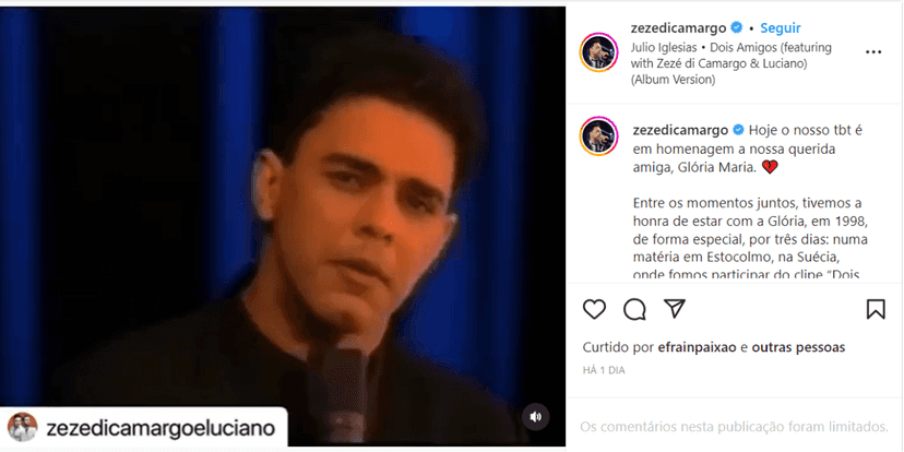 Em luto, Zezé Di Camargo homenageia Glória Maria nas redes sociais (Foto: Instagram) Em luto, Zezé Di Camargo homenageia Glória Maria nas redes sociais (Foto: Instagram)