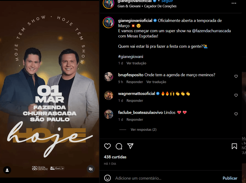 Publicação recente de Gian e Giovanni pelo Instagram divulgando o último show (Foto Reprodução/Instagram) Publicação recente de Gian e Giovanni pelo Instagram divulgando o último show (Foto Reprodução/Instagram)