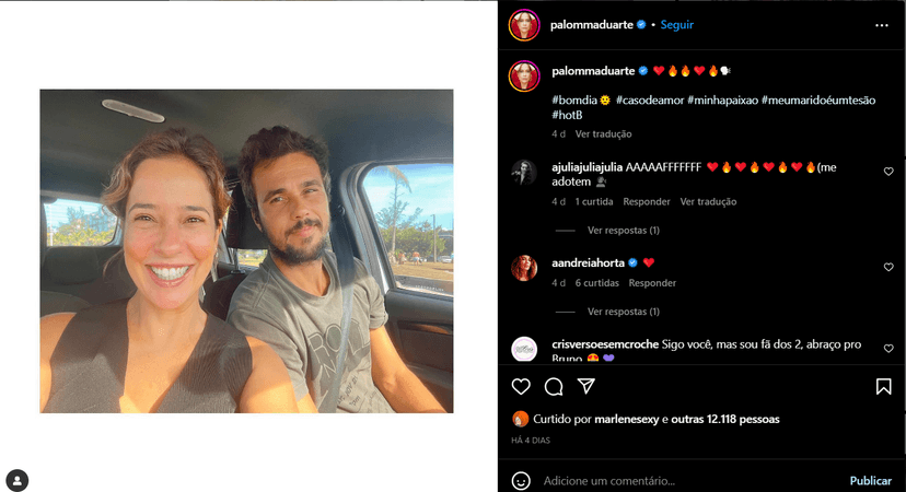 Postagem recente de Paloma Duarte com o marido pelas redes sociais (Foto Reprodução/Instagram) Postagem recente de Paloma Duarte com o marido pelas redes sociais (Foto Reprodução/Instagram)