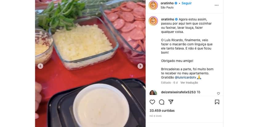 Ratinho recebe visita de Luís Ricardo, que faz macarrão, e fala sobre exigência de comida (Foto: Reprodução / Instagram) Ratinho recebe visita de Luís Ricardo, que faz macarrão, e fala sobre exigência de comida (Foto: Reprodução / Instagram)