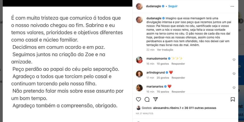 Duda Nagle fala sobre separação de Sabrina Sato (Foto: Reprodução / Instagram) Duda Nagle fala sobre separação de Sabrina Sato (Foto: Reprodução / Instagram)