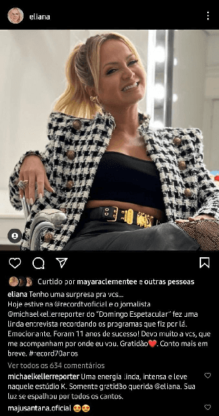 Publicação de Eliana (Foto: Reprodução/ Instagram) Publicação de Eliana (Foto: Reprodução/ Instagram)