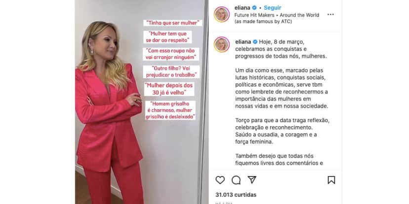 Eliana fez reflexão sobre frases que mulheres estão acostumadas a ouvirem (Foto: Reprodução / Instagram) Eliana fez reflexão sobre frases que mulheres estão acostumadas a ouvirem (Foto: Reprodução / Instagram)