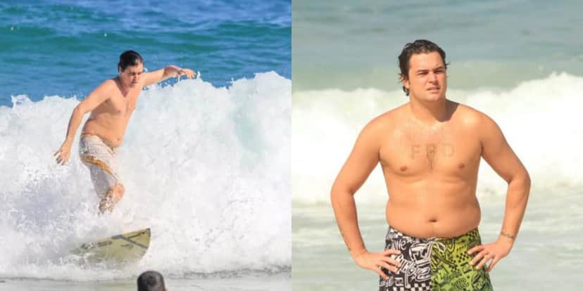 Felipe Dylon cresceu e está mais gordinho hoje em dia, e segue apaixonado pelo surf e as praias (Reprodução: Montagem TV Foco) Felipe Dylon cresceu e está mais gordinho hoje em dia, e segue apaixonado pelo surf e as praias (Reprodução: Montagem TV Foco)