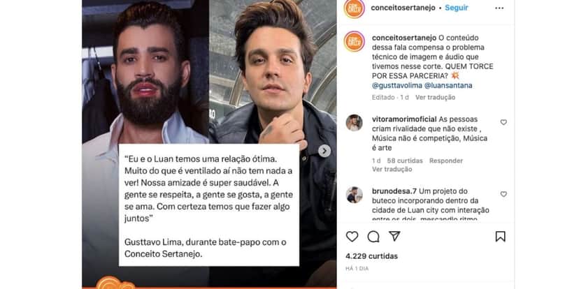 Gusttavo Lima diz ter uma ótima relação com Luan Santana (Foto: Reprodução / Instagram) Gusttavo Lima diz ter uma ótima relação com Luan Santana (Foto: Reprodução / Instagram)
