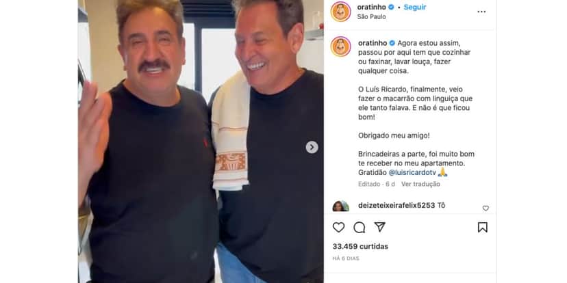 Ratinho recebe visita de Luís Ricardo, que faz macarrão, e fala sobre exigência de comida (Foto: Reprodução / Instagram) Ratinho recebe visita de Luís Ricardo, que faz macarrão, e fala sobre exigência de comida (Foto: Reprodução / Instagram)