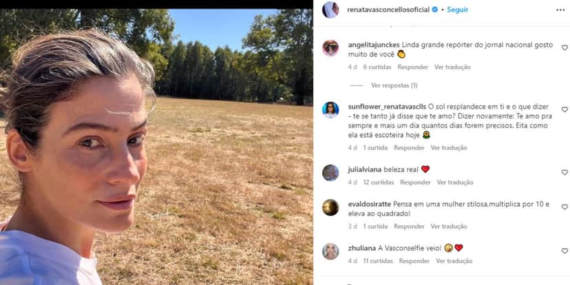 Renata Vasconcellos está aproveitando os dias de férias em sítio (Foto: Reprodução / Instagram) Renata Vasconcellos está aproveitando os dias de férias em sítio (Foto: Reprodução / Instagram)