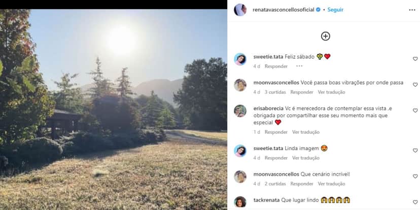 Renata Vasconcellos está aproveitando os dias de férias em sítio (Foto: Reprodução / Instagram) Renata Vasconcellos está aproveitando os dias de férias em sítio (Foto: Reprodução / Instagram)