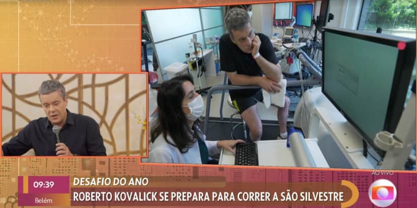 Patrícia Poeta dá notícia sobre corrida de Roberto Kovalick, preparação e entrega foto dele com máscara de oxigênio (Foto: Reprodução / Globo) Patrícia Poeta dá notícia sobre corrida de Roberto Kovalick, preparação e entrega foto dele com máscara de oxigênio (Foto: Reprodução / Globo)