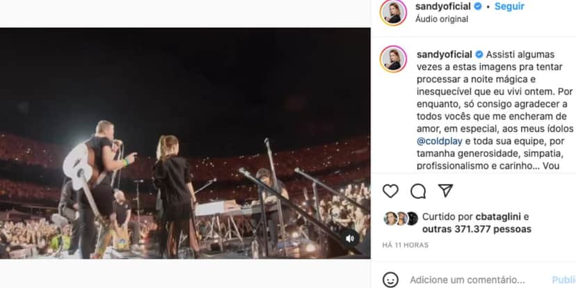 Sandy aparece tremendo em bastidores do Coldplay e fala sobre apresentação ao lado de Chris Martin (Foto: Reprodução / Instagram) Sandy aparece tremendo em bastidores do Coldplay e fala sobre apresentação ao lado de Chris Martin (Foto: Reprodução / Instagram)