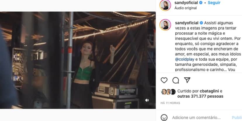Sandy aparece tremendo em bastidores do Coldplay e fala sobre apresentação ao lado de Chris Martin (Foto: Reprodução / Instagram) Sandy aparece tremendo em bastidores do Coldplay e fala sobre apresentação ao lado de Chris Martin (Foto: Reprodução / Instagram)