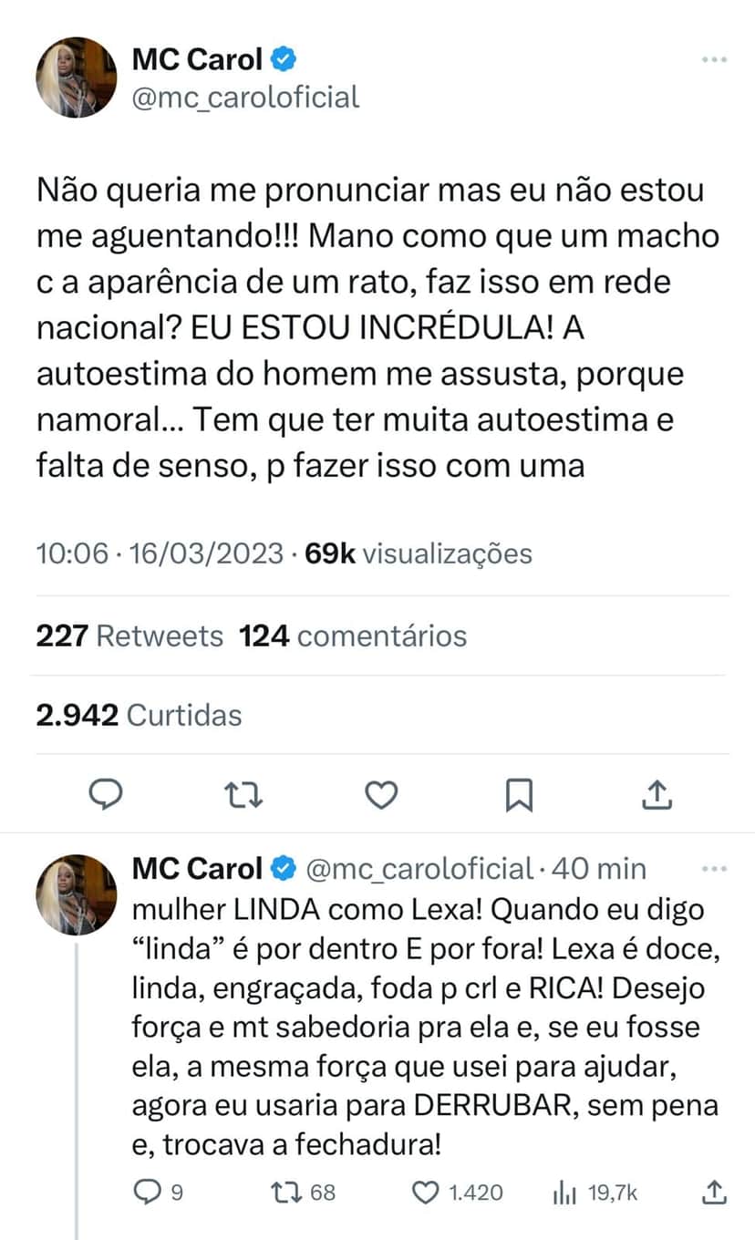MC Carol fala que MC GUIME tem aparência de rato e afirma que ele só está no BBB por causa da Lexa. Foto: Reprodução MC Carol fala que MC GUIME tem aparência de rato e afirma que ele só está no BBB por causa da Lexa. Foto: Reprodução
