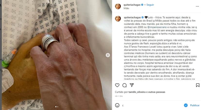 Atriz Quitéria Chagas faz textão e confirma morte do marido - Foto: Reprodução/Instagram Atriz Quitéria Chagas faz textão e confirma morte do marido - Foto: Reprodução/Instagram