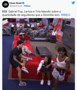Gabriel Fop, Tina e Larissa debocham de Domitila no BBB23 (Foto: Reprodução / Twitter) Gabriel Fop, Tina e Larissa debocham de Domitila no BBB23 (Foto: Reprodução / Twitter)
