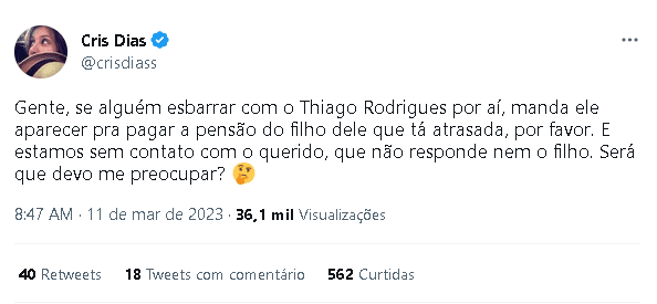 Cris Dias deixou recado para Thiago Rodrigues (Foto: Reprodução/ Twitter) Cris Dias deixou recado para Thiago Rodrigues (Foto: Reprodução/ Twitter)