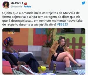 BBB23 - Equipe de Marvvila faz grave acusação contra Amanda (Foto: Reprodução / Twitter) BBB23 - Equipe de Marvvila faz grave acusação contra Amanda (Foto: Reprodução / Twitter)