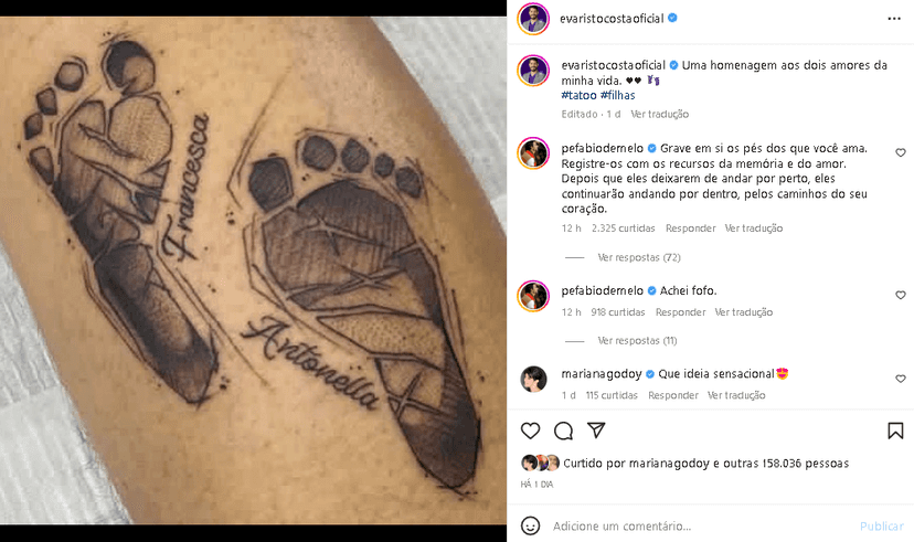 Evaristo Costa fez tatuagem para as filhas e ganhou recado do Padre Fábio de Melo (Foto: Reprodução/ Instagram) Evaristo Costa fez tatuagem para as filhas e ganhou recado do Padre Fábio de Melo (Foto: Reprodução/ Instagram)