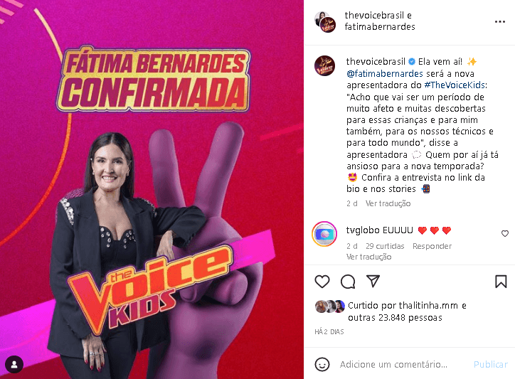 Fátima Bernardes foi anunciada como nova apresentadora do The Voice Kids (Foto: Reprodução) Fátima Bernardes foi anunciada como nova apresentadora do The Voice Kids (Foto: Reprodução)