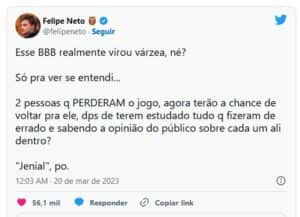 Felipe Neto criticou postura do Big Boss (Foto: Reprodução / Twitter) Felipe Neto criticou postura do Big Boss (Foto: Reprodução / Twitter)
