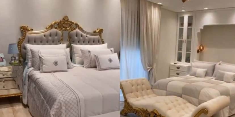 Cama luxuosa e uma das suítes do casal (reprodução: Youtube) Cama luxuosa e uma das suítes do casal (reprodução: Youtube)