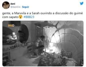 Internautas criticaram Sarah Aline e Marvvila por ouvirem atrás da porta no BBB23 (Foto: Reprodução / Twitter) Internautas criticaram Sarah Aline e Marvvila por ouvirem atrás da porta no BBB23 (Foto: Reprodução / Twitter)