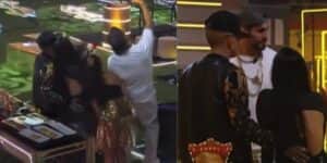 O cantor passa várias vezes a mão na bunda de Dania, ela até retira o braço dele de trás (Reprodução: BBB23/ Globo) O cantor passa várias vezes a mão na bunda de Dania, ela até retira o braço dele de trás (Reprodução: BBB23/ Globo)
