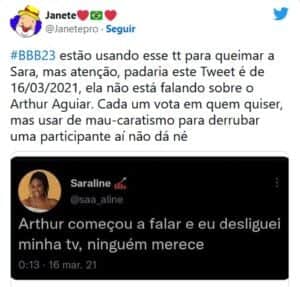 Internautas apontaram mal-entendido, visto que Sarah citava Arthur Picoli e não Arthur Aguiar (Foto: Reprodução / Twitter) Internautas apontaram mal-entendido, visto que Sarah citava Arthur Picoli e não Arthur Aguiar (Foto: Reprodução / Twitter)
