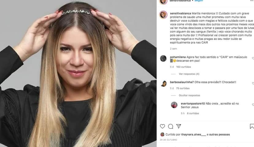 Sensitiva Bianca Godói proveu morte da cantora Marilia Mendonça (Foto: reprodução, Instagram) Sensitiva Bianca Godói proveu morte da cantora Marilia Mendonça (Foto: reprodução, Instagram)