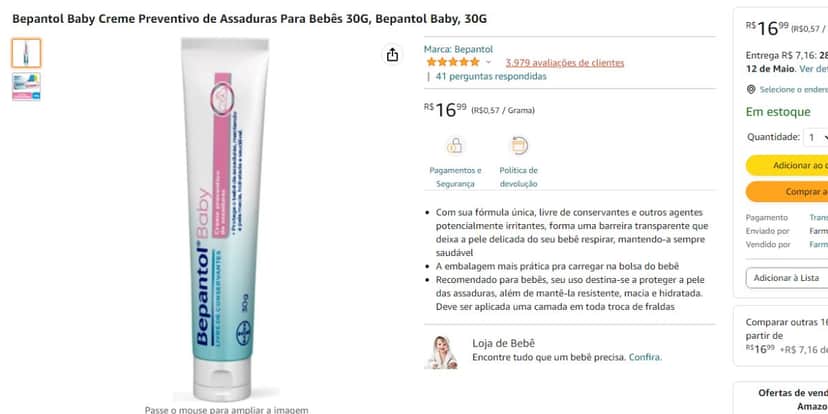 Creme Bepantol Baby disponível na Amazon.com (Reprodução - Amazon) Creme Bepantol Baby disponível na Amazon.com (Reprodução - Amazon)