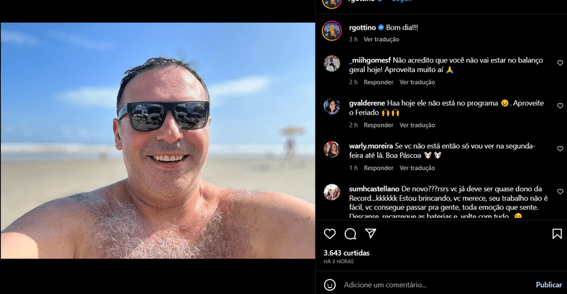 Reinaldo Gottino compartilha clique na praia por meio das suas redes sociais (Foto Reprodução/Instagram) Reinaldo Gottino compartilha clique na praia por meio das suas redes sociais (Foto Reprodução/Instagram)