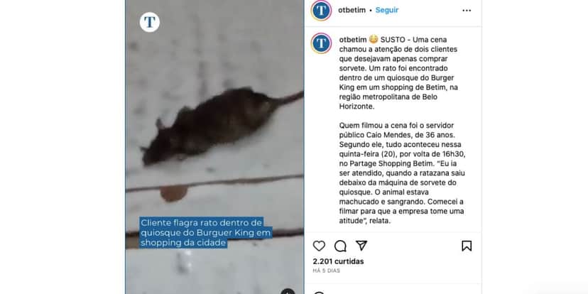 Homem flagra rato no Rato no Burger King (Foto: Reprodução / Instagram) Homem flagra rato no Rato no Burger King (Foto: Reprodução / Instagram)