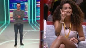 Tadeu Schmidt e Domitila: BBB23 teve problema técnico (Foto: Reprodução / Globoplay) Tadeu Schmidt e Domitila: BBB23 teve problema técnico (Foto: Reprodução / Globoplay)