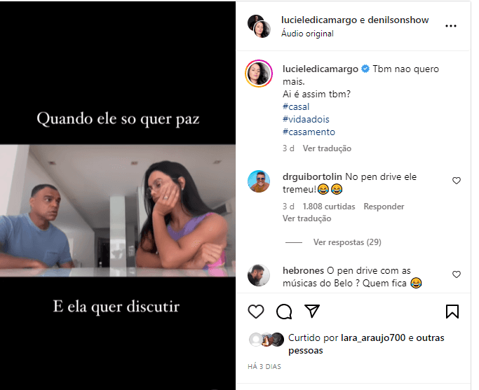 Luciele Di Camargo divulga vídeo com Denílson e brinca sobre divórcio - Foto: Reprodução/Instagram Luciele Di Camargo divulga vídeo com Denílson e brinca sobre divórcio - Foto: Reprodução/Instagram