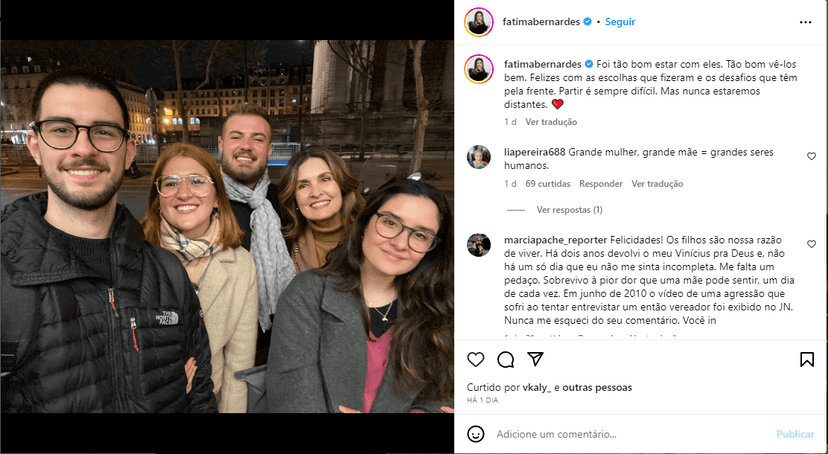 Fátima Bernardes ao lado dos filhos - Foto: Reprodução/Instagram Fátima Bernardes ao lado dos filhos - Foto: Reprodução/Instagram