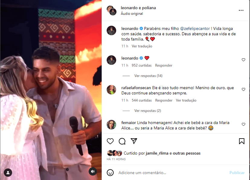 Poliana Rocha e Leonardo se declaram a Zé Felipe - Foto: Reprodução/Instagram Poliana Rocha e Leonardo se declaram a Zé Felipe - Foto: Reprodução/Instagram