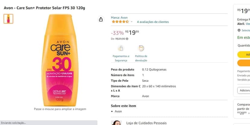 Protetor solar Avon disponível na Amazon por R$19,99 (Reprodução - Amazon) Protetor solar Avon disponível na Amazon por R$19,99 (Reprodução - Amazon)