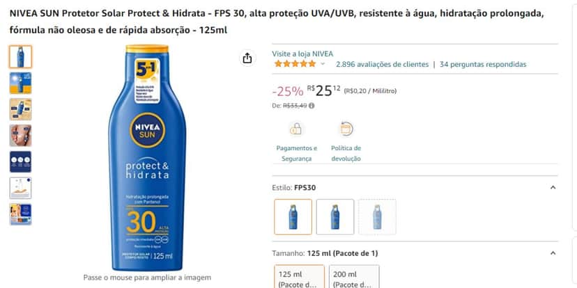 Protetor solar nívea disponível na Amazon por R$ 25,99 (Reprodução - Amazon) Protetor solar nívea disponível na Amazon por R$ 25,99 (Reprodução - Amazon)