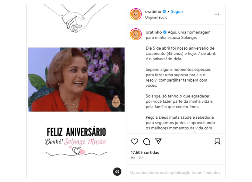 Homenagem feita por Ratinho em seu Instagram para sua esposa (Foto: Reprodução, Instagram) Homenagem feita por Ratinho em seu Instagram para sua esposa (Foto: Reprodução, Instagram)