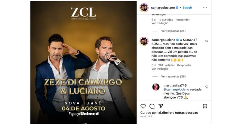 Anúncio de nova turnê de Zezé Di Camargo e Luciano (Foto: Reprodução / Instagram) Anúncio de nova turnê de Zezé Di Camargo e Luciano (Foto: Reprodução / Instagram)