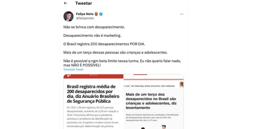 Felipe Neto detona atitude de famosa (Foto: Reprodução Twitter) Felipe Neto detona atitude de famosa (Foto: Reprodução Twitter)