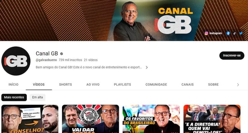 Novo canal de Galvão Bueno, no Youtube (Reprodução: Internet)