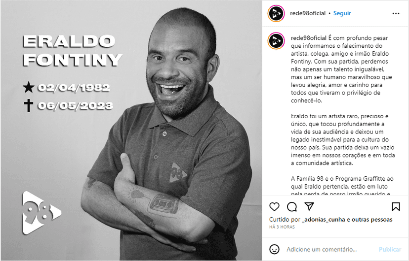 Texto de pesar a Eraldo Fontiny - Foto: Reprodução/Instagram Texto de pesar a Eraldo Fontiny - Foto: Reprodução/Instagram