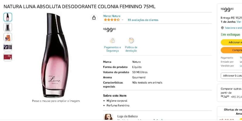 NATURA LUNA ABSOLUTA DESODORANTE COLONIA FEMININO (Reprodução - Amazon) NATURA LUNA ABSOLUTA DESODORANTE COLONIA FEMININO (Reprodução - Amazon)