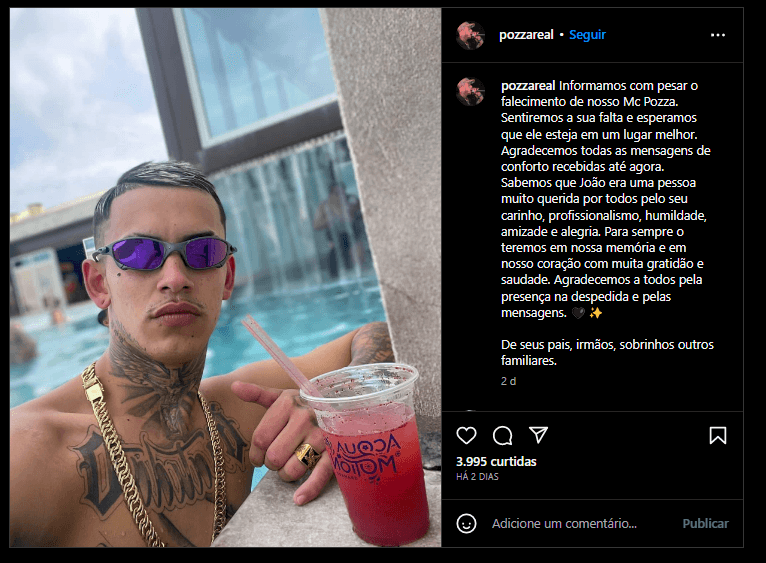 Nota de luto postada no Instagram do cantor MC Pozza (Foto: Reprodução, Instagram) Nota de luto postada no Instagram do cantor MC Pozza (Foto: Reprodução, Instagram)