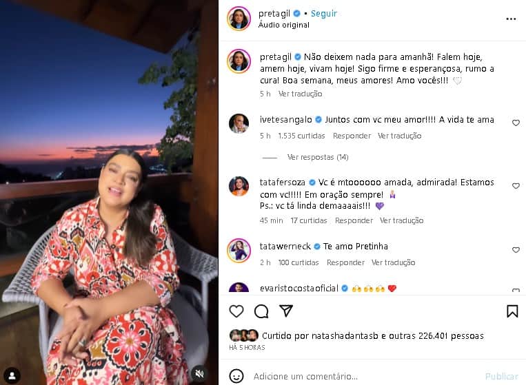 Preta Gil luta contra câncer de intestino (Foto: Reprodução/ Instagram)