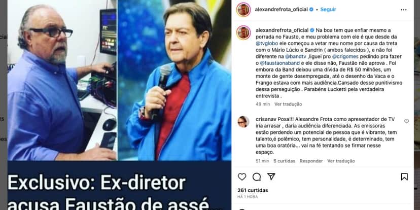Alexandre Frota fala sobre Faustão (Foto: Reprodução / Instagram) Alexandre Frota fala sobre Faustão (Foto: Reprodução / Instagram)